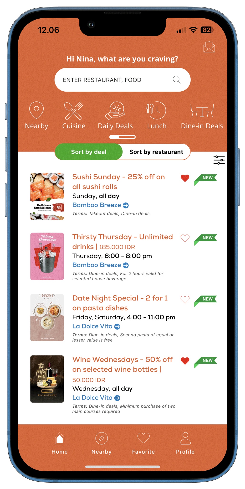 Home page food deals listing Deats App